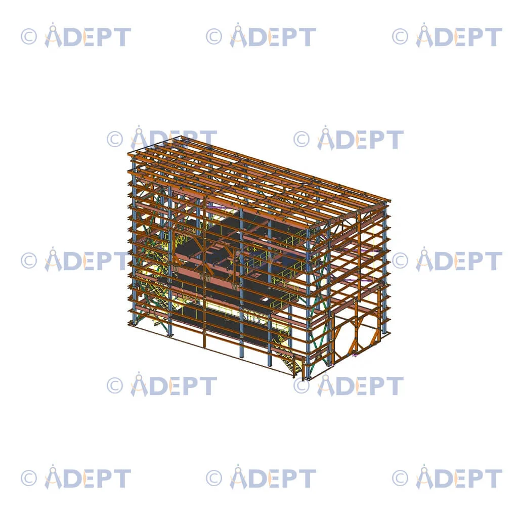 Industrial building structural steel frame detailing and fabrication model