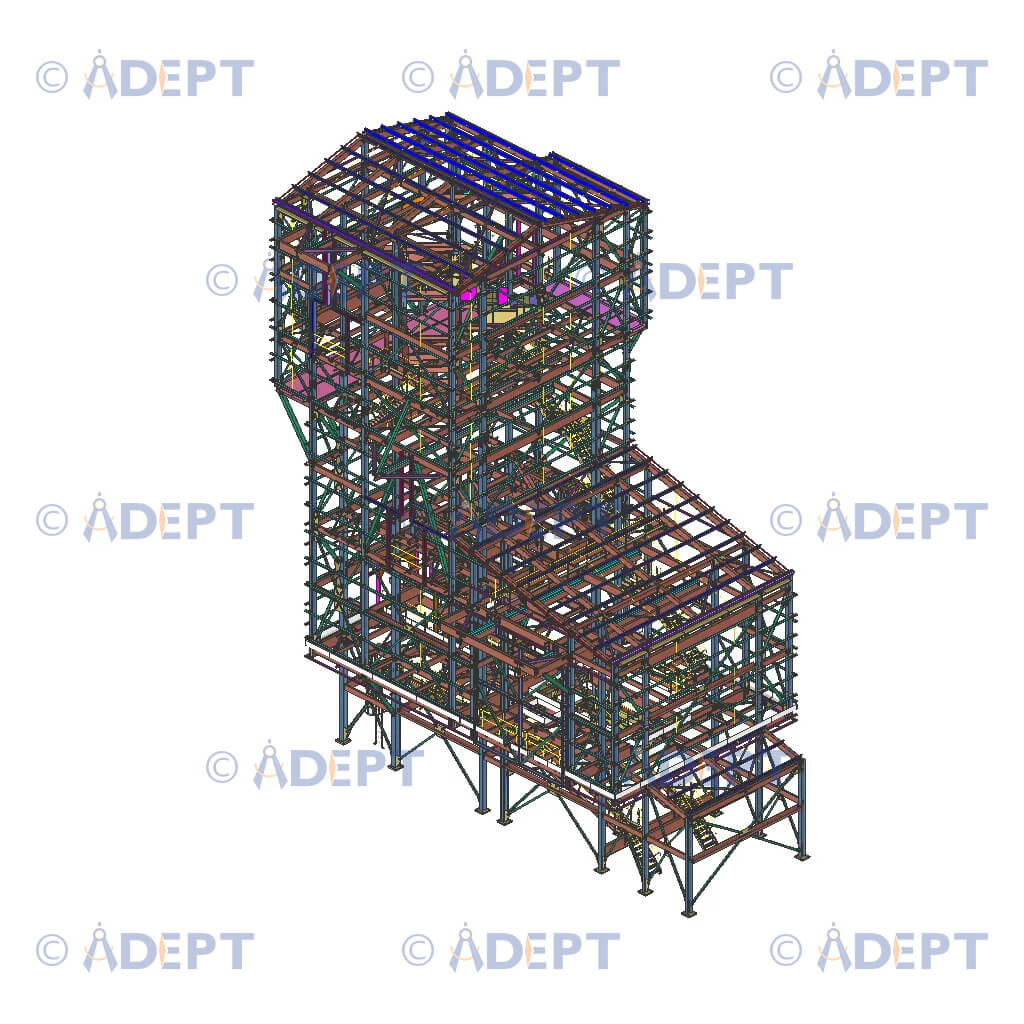 Multi level industrial steel structure detailing with platforms and stair systems