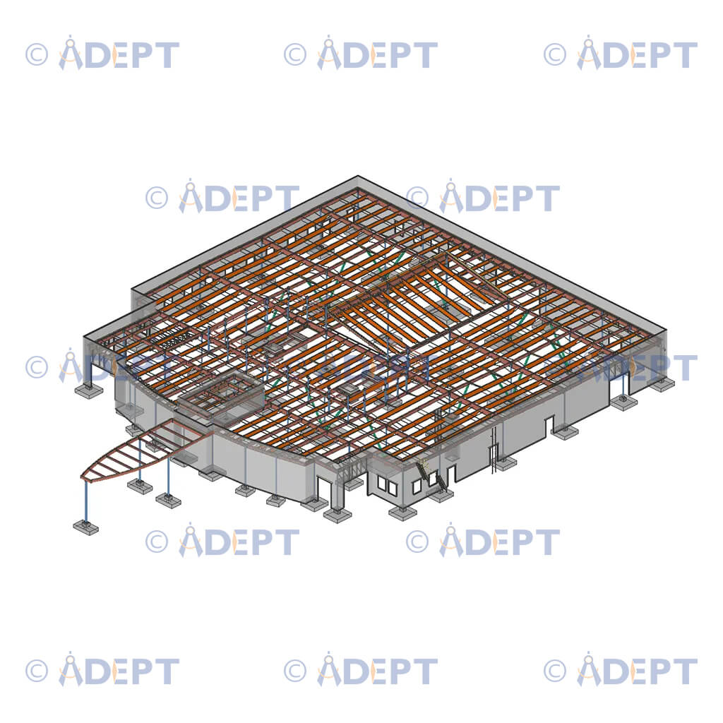Warehouse steel roof structure detailing and building frame design for industrial project