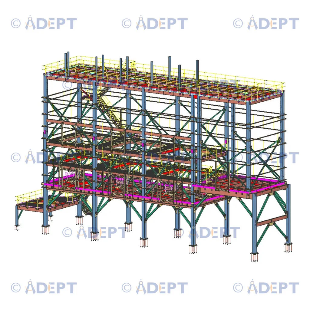 Heavy industrial steel structure detailing with multi level platforms and equipment support