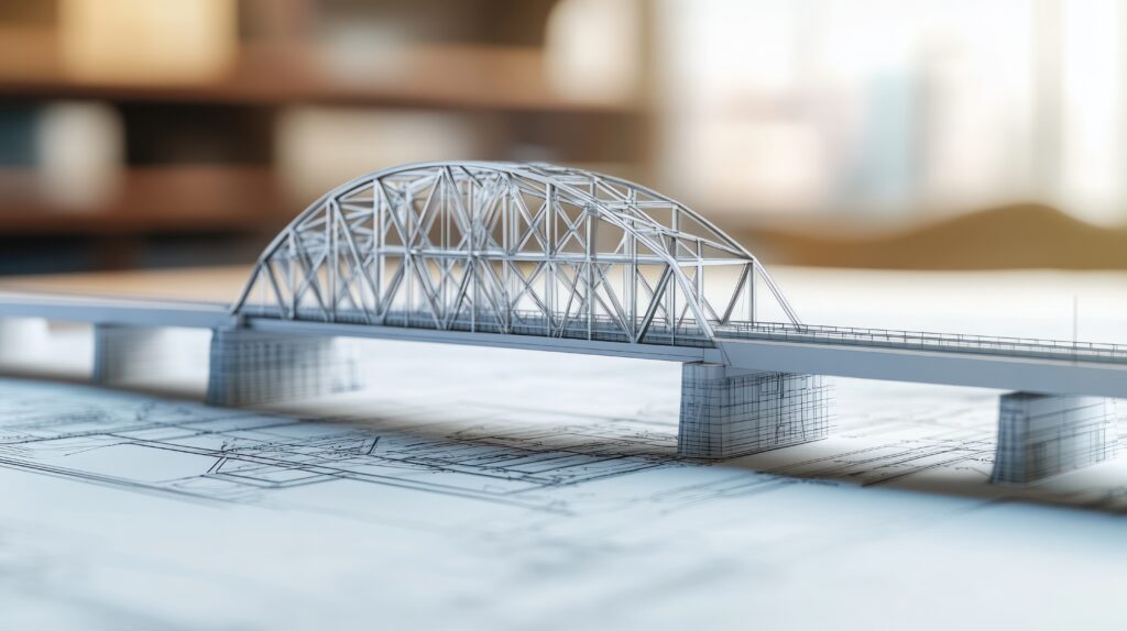 Miniature steel bridge model showcasing structural design and engineering blueprint