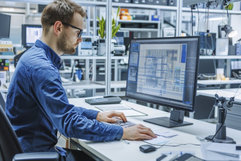 Structural steel engineer reviewing 3D detailing drawings on computer in an engineering workspace