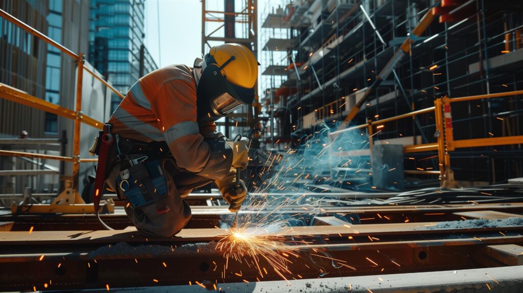 Structural steel welder fabricating metal components at an industrial construction site