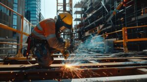 Structural steel welder fabricating metal components at an industrial construction site