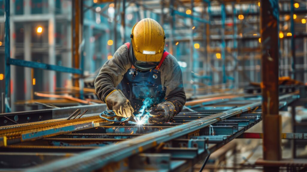 Steel welder fabricating structural steel components at an industrial construction site