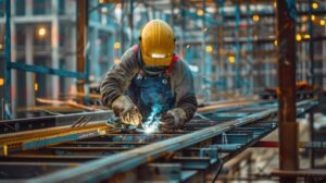 Steel welder fabricating structural steel components at an industrial construction site
